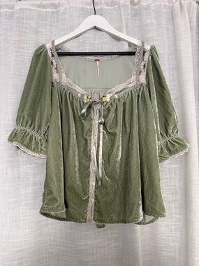 Free People Olive Velvet Peasant Top with Lace Accents